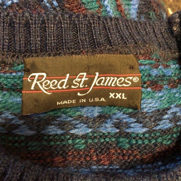 Vintage Reed St. James XXL Sweater Blue Geometric Fair Isle Knit Retro Winter - Picture 7 of 7